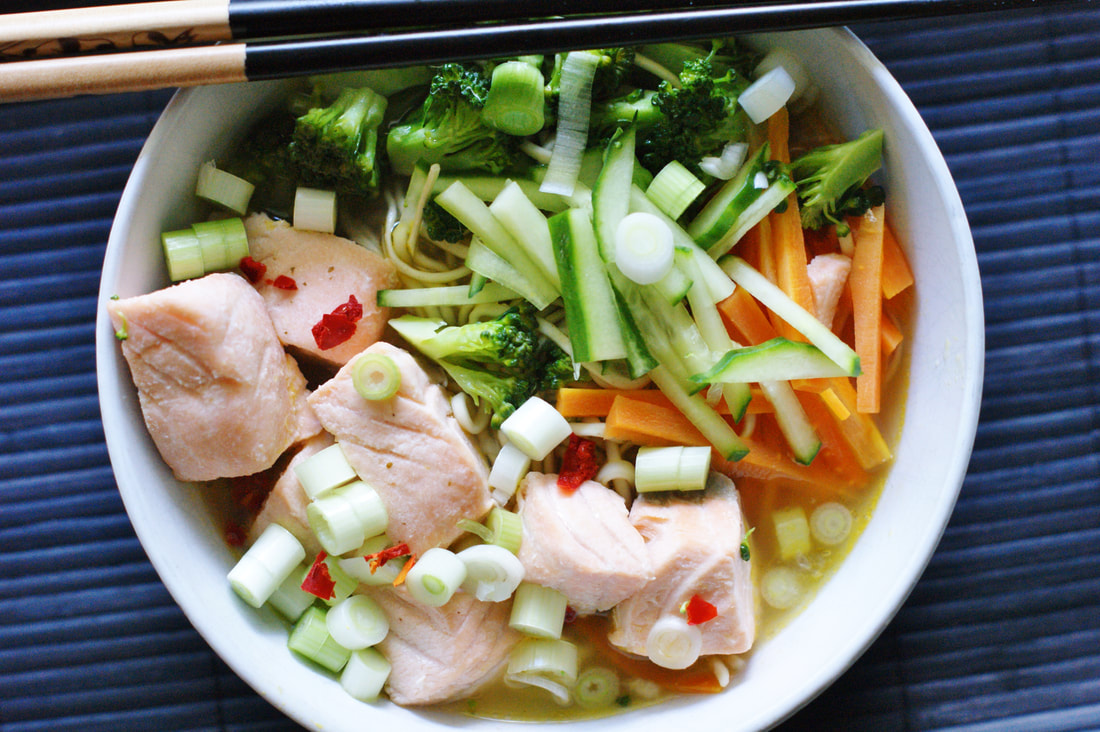 Salmon and noodle soup